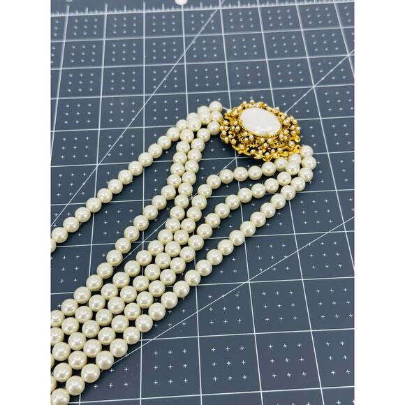 VTG Florenza Necklace Faux Pearl Cabochon Clasp Three Strand 8mm Estate Jewelry - Picture 9 of 14